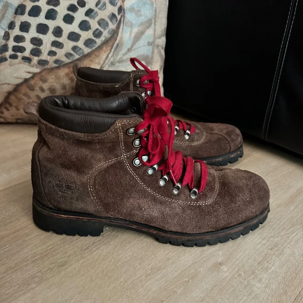 Timberland Dardin Hiker Boots Brown Suede Red Laces Mens 9.5M Vintage Gorpcore